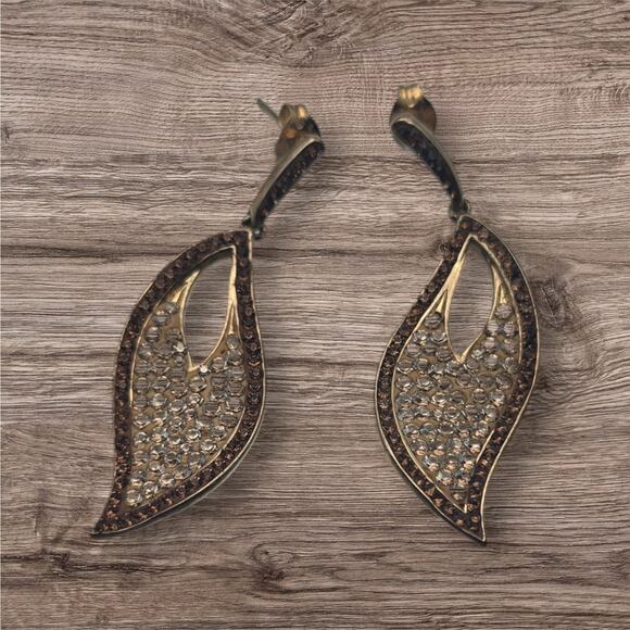 Champagne & Brown Rhinestone Leaf Drop Dangle 925 Earrings - Modern Elegance main image 0